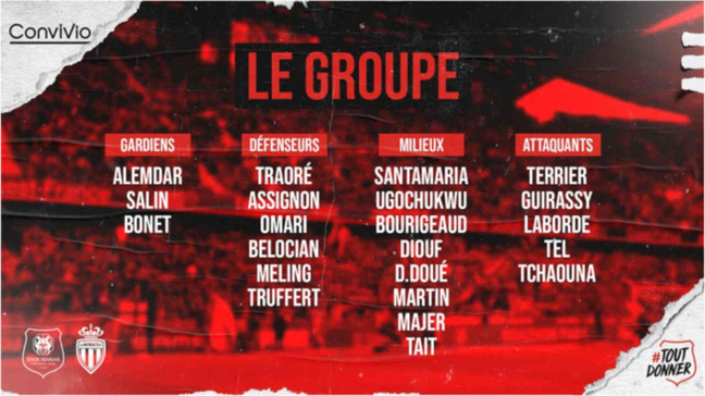 Le groupe du Stade Rennais pour affronter l'AS Monaco ce vendredi Le groupe du Stade Rennais pour affronter l'AS Monaco ce vendredi