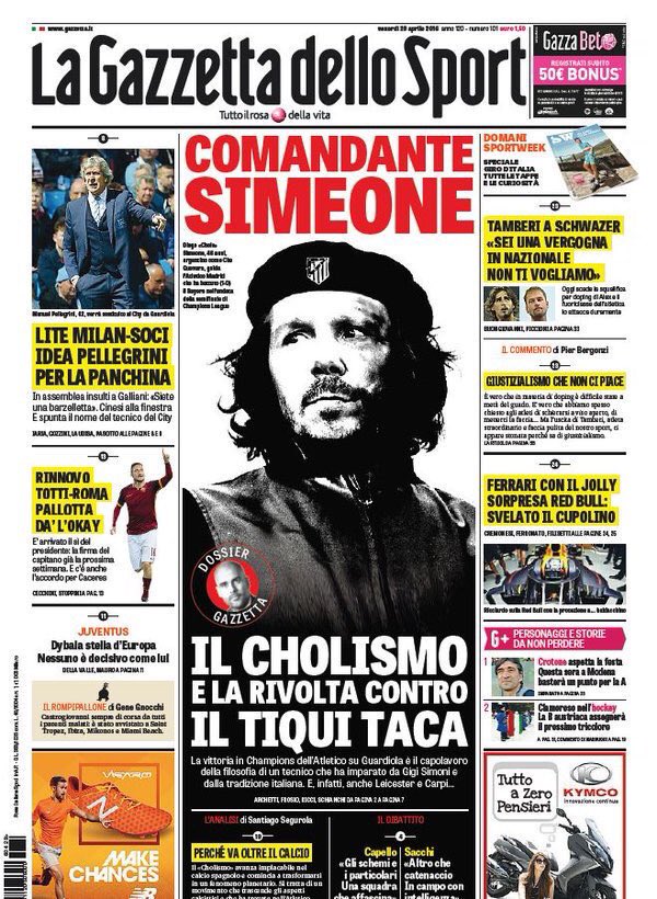 Diego Simeone en mode « Comandante Che Guevara » en Une de la Gazzetta dello Sport