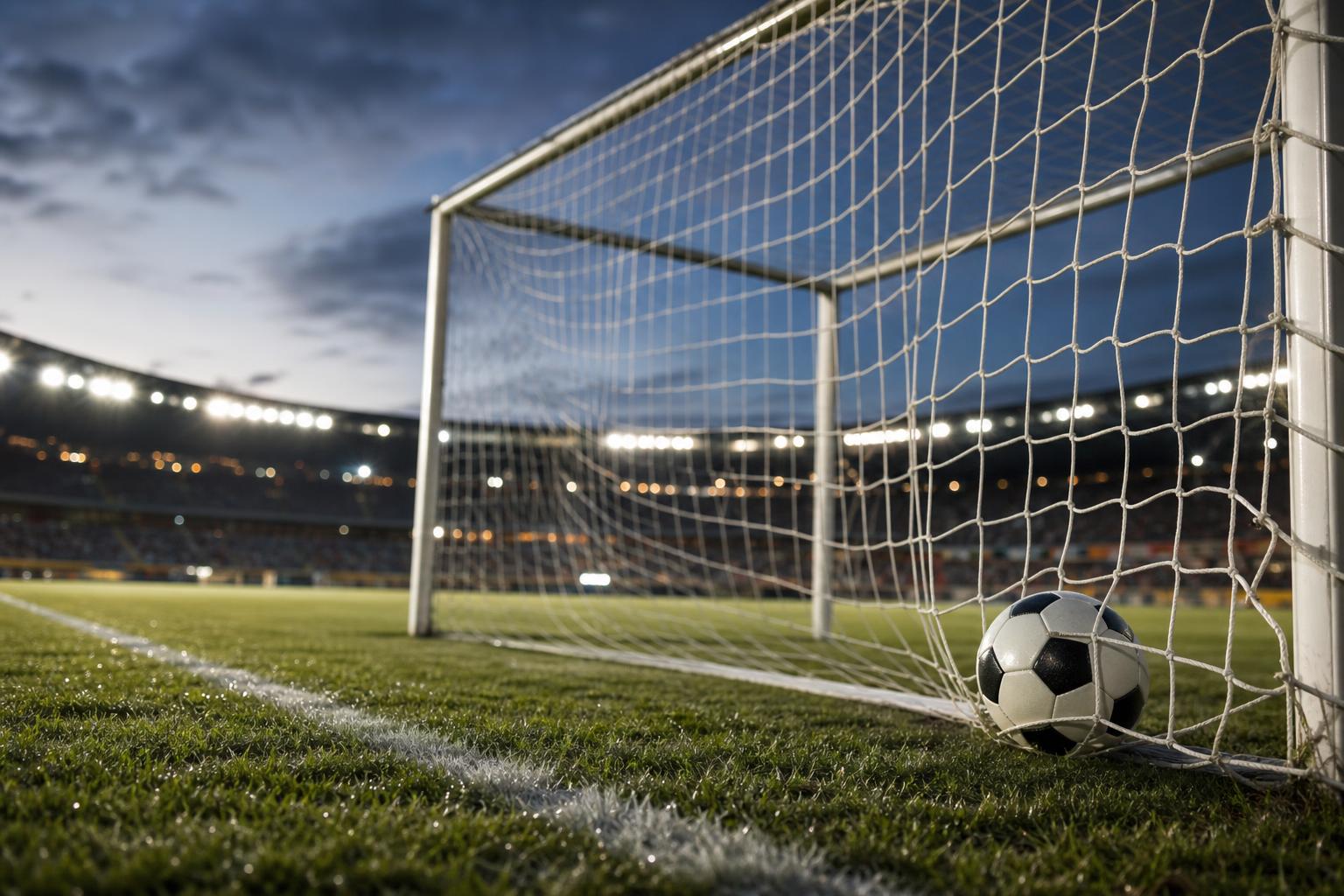 Ballon dans le filet sous les projecteurs d'un stade de football
